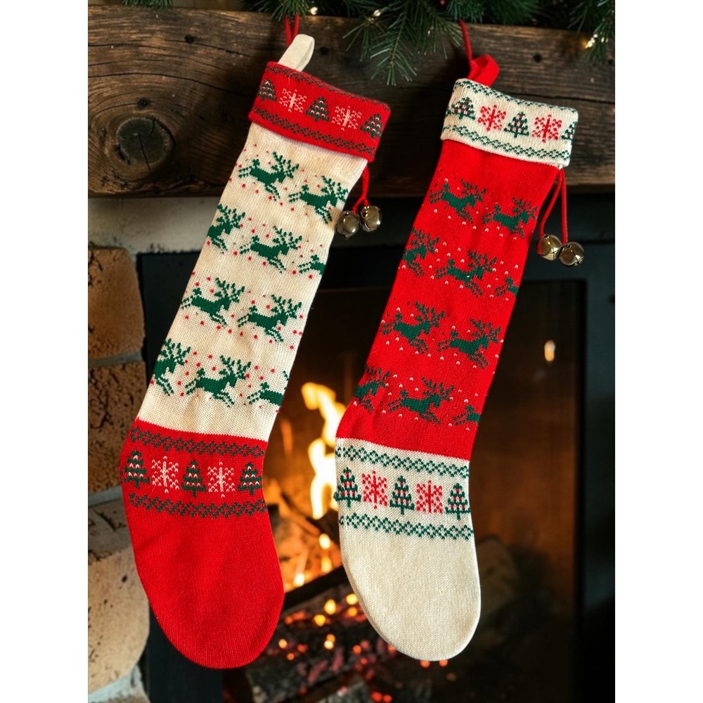 2 Vtg Knit Christmas Stockings Kurt Adler 1986 Reindeer 24" Long W/Hanging Loop